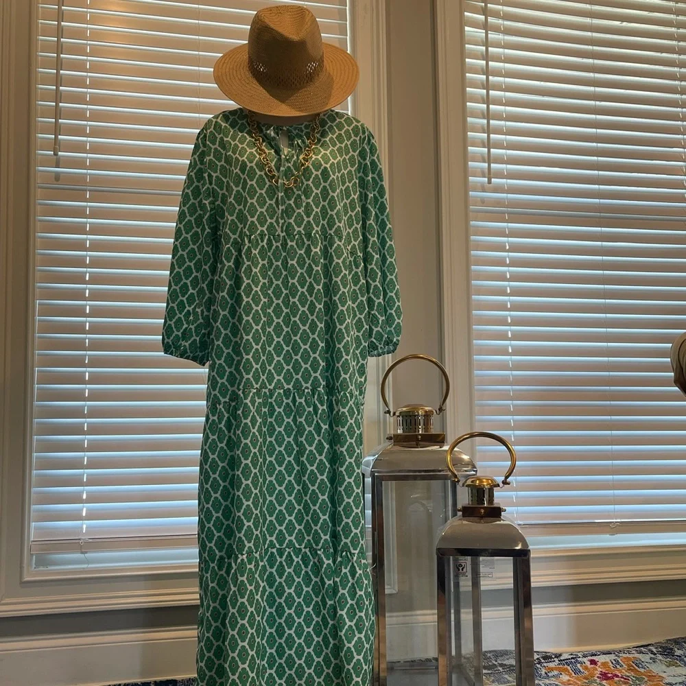 Green Lantern Sleeve Printing Long boho Dress - Picture 1 of 11